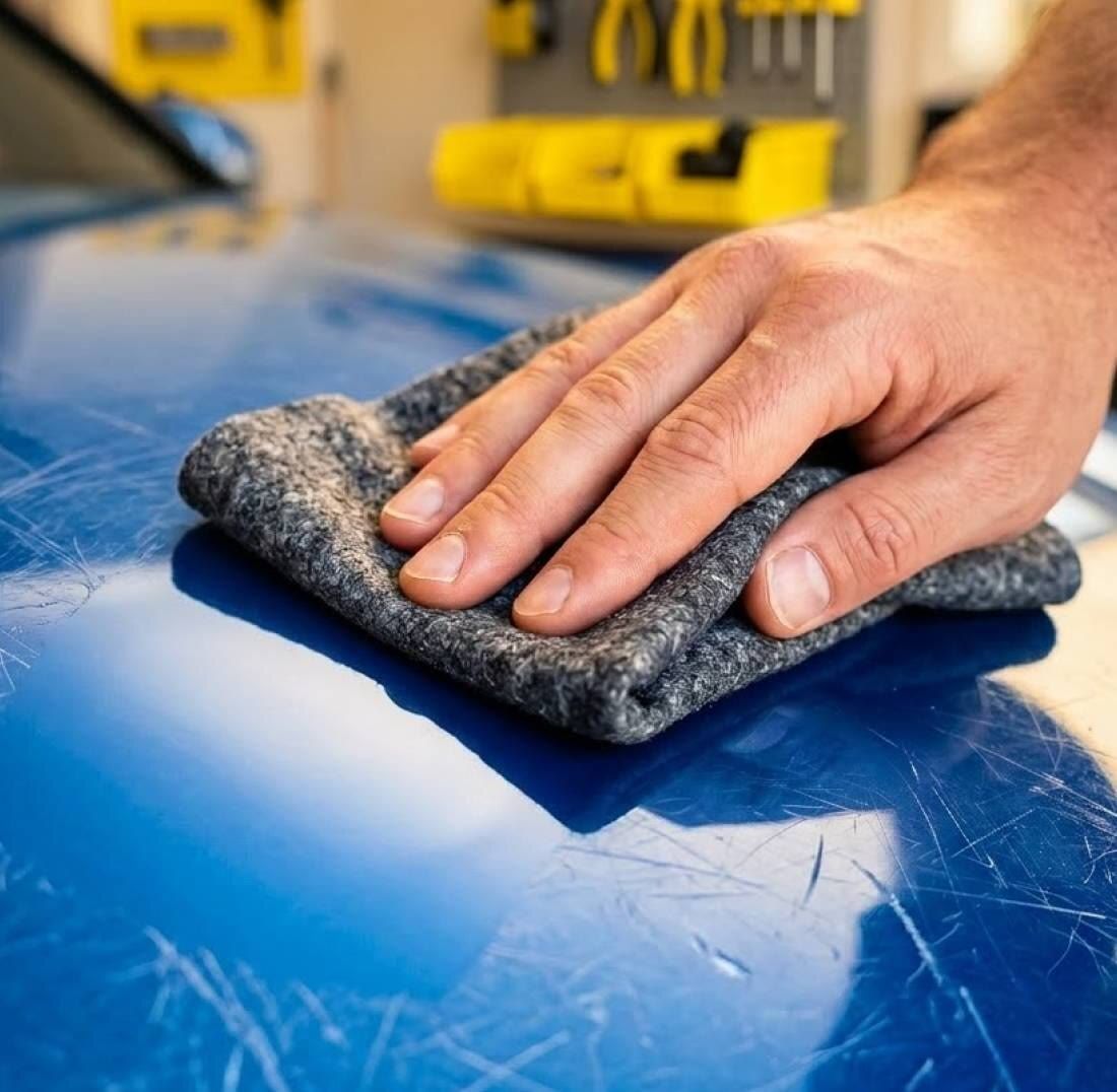 Hand wiping a NanoPolix cloth across a blue car bonnet